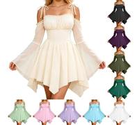 WILLBEST Womens Renaissance Fairy Dress A Line Boho Off Shoulder Mini Dresses Chiffon Long Sleeve Handkerchief Corset Dress with Pockets