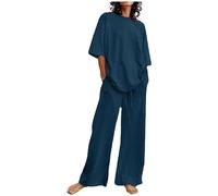 WILLBEST Womens Summer 2 Piece Outfit OVersized Short Sleeve Top and Wide Leg Trousers Suit Linen Set Vacation Streetwear Ladies Tracksuits Lounge Wear Sets Casual Co Ord Sets