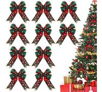 WILLBOND 10-Piece 6 Inch Christmas Buffalo Plaid Burlap Bows - Red Green Snow Plaid