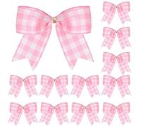 WILLBOND 12 Pieces Buffalo Plaid Bows Burlap Decorative Velvet Bows for Wreaths for Gift Wrap Christmas Party Decoration(Pink and White,6 x 6 Inch)