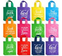 WILLBOND 120 Pcs Christian Tote Gift Bags Reusable Bible Verse Non Woven Fabric Bags Bulk Bright Color Religious Inspirational Goodie Wrapping with Handle for Theme Christmas Party Favors Supply