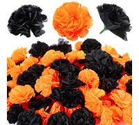 WILLBOND 140 Pcs Marigold Flower Head Mexican Artificial Marigold Flowers Halloween Flower Day of The Dead Decoration for Diwali Indian Decor DIY Wreath Garland Craft(2 Inch,Black, Orange)