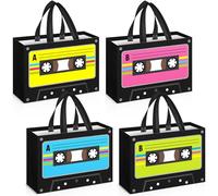 WILLBOND 16 Pcs 80s 90s Party Favor Bags 12.2 x 8.3'' Reusable Non Woven Cassette Tape Grocery Bags with Handles Retro 1980s Hip Hop Goodie Candy Treat Gift Bag for Birthday Disco Party Supplies