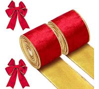 WILLBOND 2 Rolls Christmas Velvet Ribbon Velvet Wired Edge Ribbon Trim Wrapping Ribbon Craft Fabric Ribbon for Xmas Bow Making, Floral Arrangement Decoration (Red,2.5 Inch x 6.5 Yard)