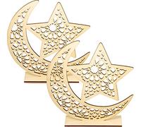 WILLBOND 2 Sets Eid Mubarak Wooden Ornament Ramadan Wood Tabletop Decor Moon Star Hanging Pendant for Ramadan Mubarak Eid Decorations