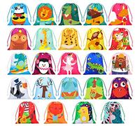 WILLBOND 24 Pack Drawstring Party Favor Bags for Kids Safari Animal Cartoon Candy Goodie Return Gift Bags for Kids Birthday Party Jungle Animal Summer Holiday Baby Shower Supplies
