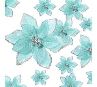 WILLBOND 24 Pieces 3 Size Christmas Glitter Poinsettia Flowers Wedding Faux Flowers Christmas Decoration Ornaments For Christmas tree New Year Home Outdoor Decoration (Blue,4/6/8.7 Inches)
