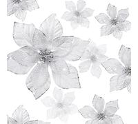 WILLBOND 24 Pieces 3 Size Christmas Glitter Poinsettia Flowers Wedding Faux Flowers Christmas Decoration Ornaments For Christmas tree New Year Home Outdoor Decoration (Silver,3.2/4/6 Inches)