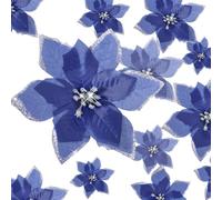 WILLBOND 24 Pieces 3 Size Christmas Glitter Poinsettia Flowers Wedding Faux Flowers Christmas Tree New Year Home Outdoor Decoration (Navy Blue, 4/6/7.9 Inches)