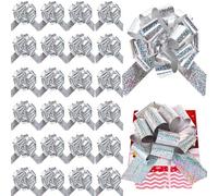 WILLBOND 24 Pieces Christmas Pull Bows Bulk for Wrapping Gift Large Bow with Ribbon Assorted Bows Pull String for Christmas Basket Party Present, Birthday, Wreath, Gift Basket(Silver,6 Inch)