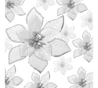 WILLBOND 24 Pieces Glitter Poinsettia Flowers Wedding Artificial Flowers Christmas Decorations for Tree Outdoor 4" 7.9" Silver