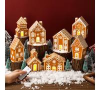 WILLBOND 29 PCS Iced Gingerbread Christmas Village Sets 8 Lighted Ceramic Gingerbread Village Houses with Remote Control and 13 Trees Christmas Figurines Decor for Home Tabletop Mantel Shelf Decor