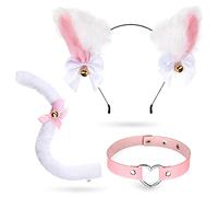 WILLBOND 3 Pcs Cat Costume Accessories Set, Included Cat Ear Headband Leather Heart Choker and Cat Tail with Bell for Women Valentine‘s Day Halloween Cosplay Party(White, Pink)