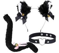 WILLBOND 3 Pcs Cat Costume Set Included Cat Ears and Tail with Bell and Leather Heart Choker for Women Fancy Dress up Valentine's Day Birthday Party Decoration