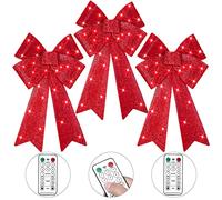 WILLBOND 3 Pcs Pre Lit Christmas Bow Decoration 24x12 Inches LED Light Large Red Bow Tree with Timer Function Lighted Christmas Tree Decor 8 Function