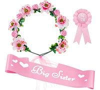 WILLBOND 3-Piece Big Sister Accessory Set, Pink: Accessory Set for Baby Shower, Includes Satin Sash, Badge Pin, Adjustable Flower Crown