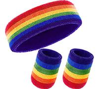WILLBOND 3 Piece Sweat Bands Set, Including Sports Headband and Wrist Band Striped Cotton Sweat Band for Men and Women Athletic (Rainbow)