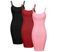 WILLBOND 3 Pieces Basic Cami Women Long Tanks Dress with Strap, Solid Color, Black, Red, Pink, XXL