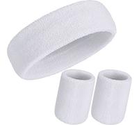 WILLBOND 3 Pieces Sweatbands Set, Includes Sports Headband and Wrist Sweatbands Cotton Striped Sweat Band for Athletic Men and Women (White)
