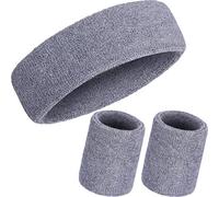 WILLBOND 3 Pieces Sweatbands Set, Includes Sports Headband and Wrist Sweatbands Cotton Striped Sweat Band for Athletic Men and Women (Grey)