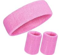 WILLBOND 3 Pieces Sweatbands Set, Includes Sports Headband and Wrist Sweatbands Cotton Striped Sweat Band for Athletic Men and Women (Pink)