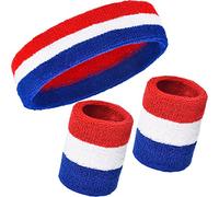 WILLBOND 3 Pieces Sweatbands Set, Includes Sports Headband and Wrist Sweatbands Cotton Striped Sweat Band for Athletic Men and Women (Red, White and Blue)