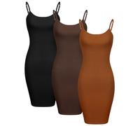 WILLBOND 3 Pieces Women's Basic Cami Long Tanks Dress Spaghetti Strap Slips for Under Dresses, Long Camisoles for Layering, Black, Caramel, Dark Brown, L
