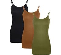 WILLBOND 3 Pieces Women's Basic Long Tanks Adjustable Spaghetti Strap Camisole Top, Black, Army Green, Chocolate, XL