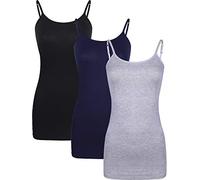 WILLBOND 3 Pieces Women's Basic Long Tanks Adjustable Spaghetti Strap Camisole Top, Black, Dark Blue and Grey., L