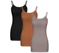 WILLBOND 3 Pieces Women's Basic Long Tanks Adjustable Spaghetti Strap Camisole Top, Black, Light Caramel, Cream Coffee, XL