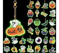 WILLBOND 30 Pcs Glow in Dark Halloween Diamond Art Keychain Ornaments DIY Double Sided Halloween Luminous Diamond Painting Keychain Kits for Adults Key Ring Art Pendant Tree Decor