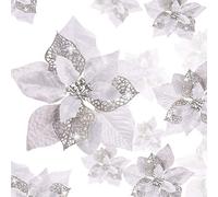 WILLBOND 36 Pieces Christmas Glitter Poinsettia Artificial Flowers Christmas Flowers Decorations Wedding Xmas Tree New Year Ornaments (Silver, Double Layer Hollow Style)
