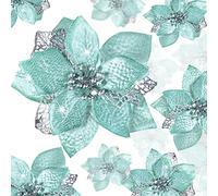 WILLBOND 36 Pieces Christmas Glitter Poinsettia Faux Flowers Christmas Flowers Decorations Wedding Xmas Tree New Year Ornaments (Blue-Green)