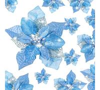 WILLBOND 36 Pieces Christmas Glitter Poinsettia Faux Flowers Christmas Flowers Decorations Wedding Xmas Tree New Year Ornaments (Blue)