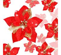WILLBOND 36 Pieces Christmas Glitter Poinsettia Faux Flowers Christmas Flowers Decorations Wedding Xmas Tree New Year Ornaments (Red)