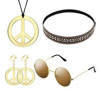 WILLBOND 4 Pcs 70s Accessories Women Hippie Costume Set Hippie Sunglasses, Peace Sign Necklace Earrings, Bohemia Headband 70s Outfits for Halloween Women 70s 60s Party Accessories
