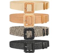 WILLBOND 4 Pcs Straw Woven Belt Elastic Stretch Rattan Buckle Waist Belt Women Skinny Raffia Dress Waist Band, Vintage Color, Medium