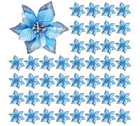 WILLBOND 45 Pieces Christmas Poinsettia Decorations Glitter Poinsettia Flowers Christmas Tree Flowers Red Gold White Silver for Xmas Tree Ornaments, 5 Inch (Blue)