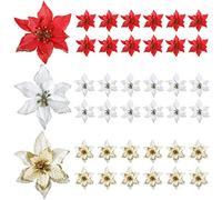 WILLBOND 45 Pieces Christmas Poinsettia Decorations Glitter Poinsettia Flowers Christmas Tree Flowers Red Gold White Silver for Xmas Tree Ornaments, 5 Inch