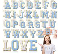 WILLBOND 52 Pcs Chenille Letter Patches A-Z, Self Adhesive Alphabet Patches for Clothes, Bags, Hats DIY, Name Craft & Personalized Best Mom Groovy Wedding Gifts(Light Blue, White,2.2 Inch)