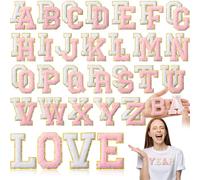 WILLBOND 52 Pcs Chenille Letter Patches A-Z, Self Adhesive Alphabet Patches for Clothes, Bags, Hats DIY, Name Craft & Personalized Best Mom Groovy Wedding Gifts(Pink, White,2.8 Inch)