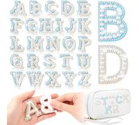 WILLBOND 52 Pieces Self Adhesive Pearl Rhinestone Letter Patches A-Z Glitter Letter Stickers Pearl Alphabet Appliques for Clothes Hat Backpack, Wedding Graduation Mother's Day DIY Crafts(White, Blue)
