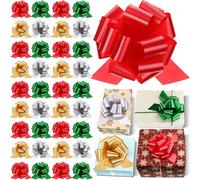 WILLBOND 64 Pcs 6 Inch Christmas Pull Bows Bulk for Gift Wrapping Large Gift Bow with Ribbon Assorted Pull String Package Ribbons for Christmas Basket Party(4 Colors)