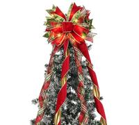 WILLBOND Velvet Christmas Tree Topper Bow 11.8 x 44.5 Inches Large Christmas Bow with Gold Glitter Streamer and Light String for Xmas Tree Home Decoration(Red and Green)