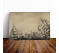 Willem Van de Velde The Elder Ships and Malitia Canvas Print | Gallery Wrapped 30mm Frame Wall Art | 20x14 inches | Ready to Hang | Modern Beach Picture | Living Room Bedroom Lounge Office