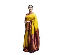 WILLFE Women's Kanjivaram Soft Art Lichi Silk Indian Traditional Saree With Rich Pallu & Weaving Border With Unstitched Jacquard Blouse Piece, YELLOW MAROON, SAREE : 5.50 Meter , BLOUSE : 0.80 Meter