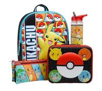 William Lamb Pokemon Kids' 4-Piece School Set with Backpack, Lunch Box, Pencil Case and Water Bottle, Pikachu Theme for Back to School and Nursery - Classic Design with 3D Lunchbag and Backpack
