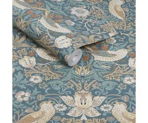 William Morris At Home Strawberry Thief Washed Blue Wallpaper