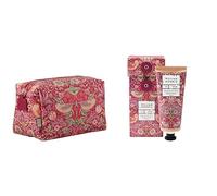 William Morris At Home Wash Bag, Zip Pull Toiletry, Cosmetic and Beauty Organiser, Vegan Leather+William Morris At Home Hand Cream 100 ml, Patchouli and Red Berry, Strawberry Thief Collection