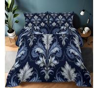 William Morris Baroque Damask Floral Quilted Coverless Duvet Double Cooling Comforter Bedspread, Dark Blue Soft Quilted Set 200 x 200 cm with Pillowcases Lightweight All Season Easy Care